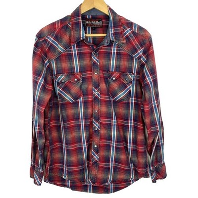 Rock & Roll Cowboy Shirt Mens Large Pearl Snap Long Sleeve Plaid Red Western