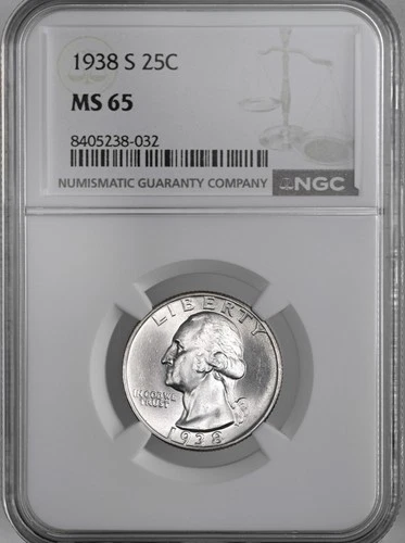 1938-S 25C WASHINGTON SILVER QUARTER SAN FRANCISCO MINT  NGC MS65 #8405238-032