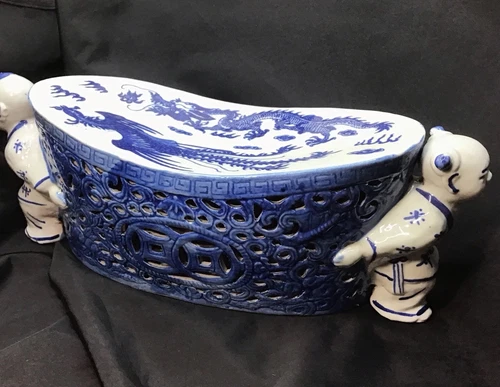 Vintage Chinese Porcelain Blue And White Boy And Girl Headrest Pristine - Picture 3 of 16