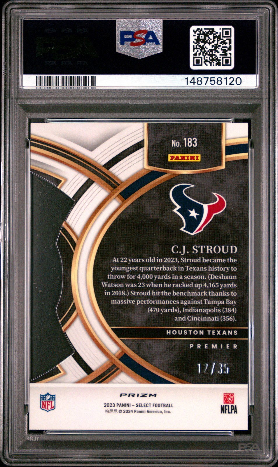 2023 PANINI SELECT DIE-CUT BLUE & ORANGE PRIZM #183 CJ STROUD ROOKIE /35 PSA 10 view 2