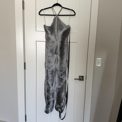 NEW RARE LONDON Halterneck Fringe Maxi Dress Silver Size UK 12 US 8 Evening - Picture 3 of 8