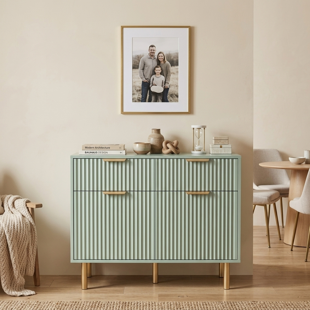 Sideboard Cabinet Green Storage Cupboard Buffet Unit 2 Drawers Scandinavian Gold