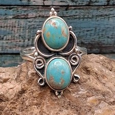 Sterling Silver Kingman Turquoise Ring size 7.75 Double Stone Southwestern Style