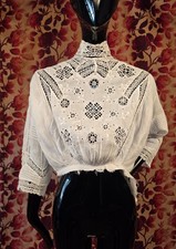 EDWARDIAN WHITE COTTON HIGH COLLAR BLOUSE W HAND MADE LACE INSERTION  EMBR