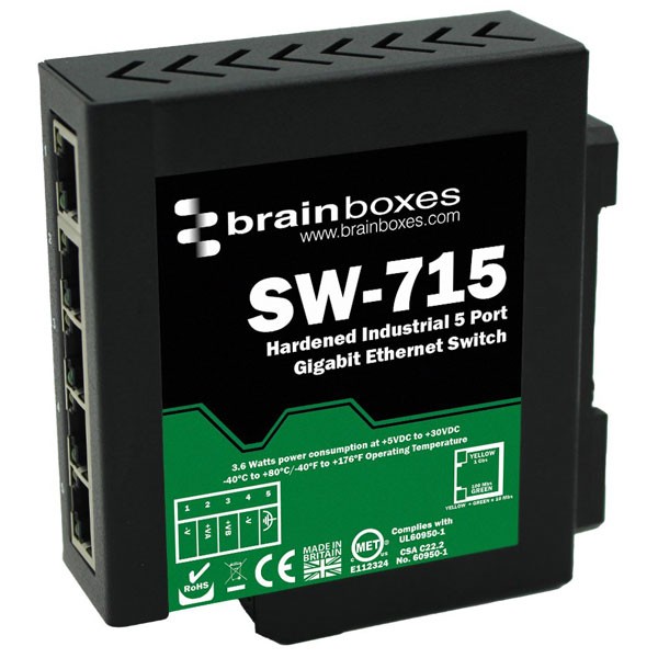 Brainboxes Hardened Industrial 5 Port Gigabit Ethernet Switch DIN Rail