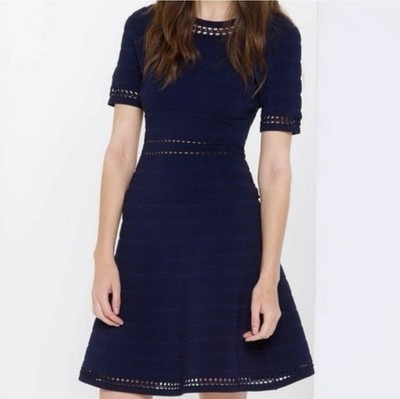 Sandro Paris Sz 3 Riley Eyelet Ribbed Ottoman Knit Dress Fit & Flare Navy Blue