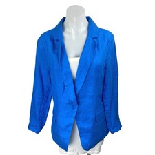 H Halston Blue 100% Linen Long Sleeve One Button Blazer Coat Jacket Size M