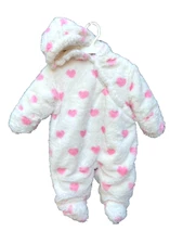Snowsuit Plush Baby Girl White Pink Hearts Hood 3-6m Miniwear Warm Lined Bunting