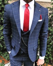 Designer Business Blue Checked Men's Suit Jacket Vest Pants Tailored Slim Fit 48