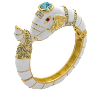 White Enamel Jeweled Elephant Bangle Bracelet Hinged Opening