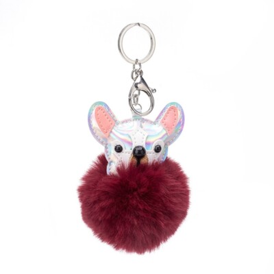 French Bulldog Keychain Frenchie Pendant Dog Key Chain Maroon Pom Pom Clip On