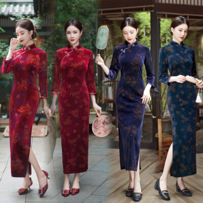 Autumn Winter Velvet Qipao Dress Chinese Long Cheongsam Women