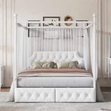 Queen Metal Canopy Platform Bed with Upholstered Headboard & Two Drawers,White