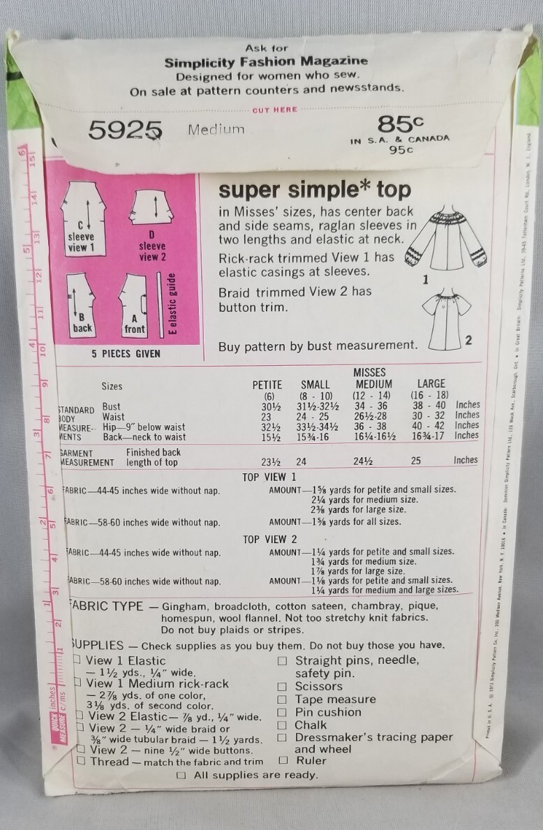 Simplicity Super Simple Top Sewing Pattern 5925 Misse Sizes 12-14 ...