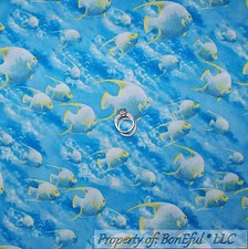 BonEful Fabric FQ Cotton Quilt Blue Yellow Silver FISH Sea White Water Beach Boy