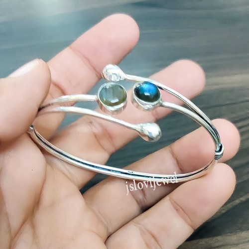 Labradorite Gemstone 925 Sterling Silver Open Designer Silver Gift Bangle SV3077 - Picture 6 of 6