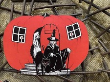 U Pick Vintage Inspired Witch in Pumpkin House Halloween Cardstock Decoration