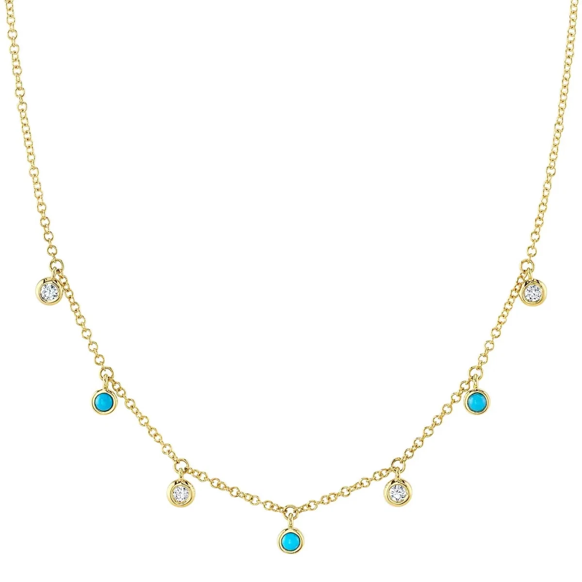 14K Yellow Gold Diamond Turquoise Necklace Shaker Bezel Station Round 0.22 TCW