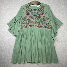 Umgee Women's Size Medium Boho Bliss Green Embroidered Bell Sleeve Mini Dress