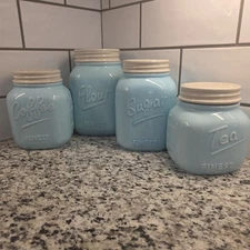Vintage-Style Ceramic Kitchen Canister Set Blue 4-Piece Flour Sugar Coffee...