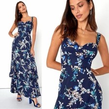 $98 NWT Lulus Stunning Sweetness Navy Blue Floral Burnout Maxi Dress XS