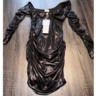 Oh Polly Black Metallic Off Shoulder Ruched Bodycon Mini Dress Size 2 NEW
