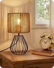 Rattan Table Lamp, Boho Table Lamp, Small Bedside Lamp, Striped  Black