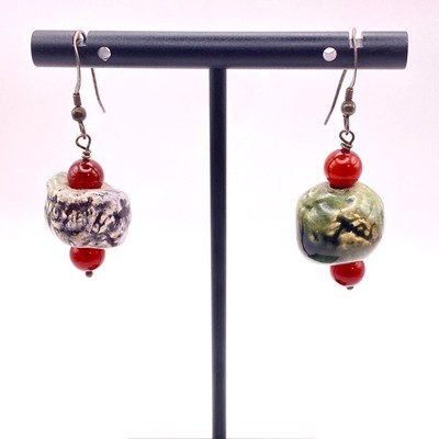 Handmade Raku Ceramic Earrings Carnelian 925 Sterling Silver Dangle Drop Artisan