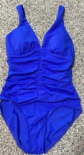 NEW Jantzen One Piece Bathing Suit Swimming Ruched Blue Tummy Control Vneck 14