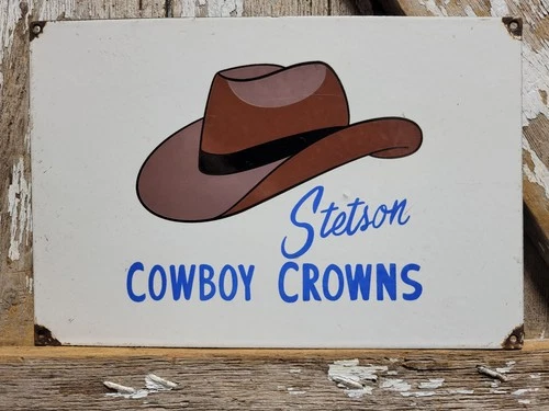VINTAGE STETSON PORCELAIN SIGN OLD COWBOY CROWNS HAT RODEO WESTERN HORSE RIDING