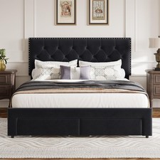 Full Queen King Size Bed Frame with 2 Storage Drawers Velvet Headboard Bedframe