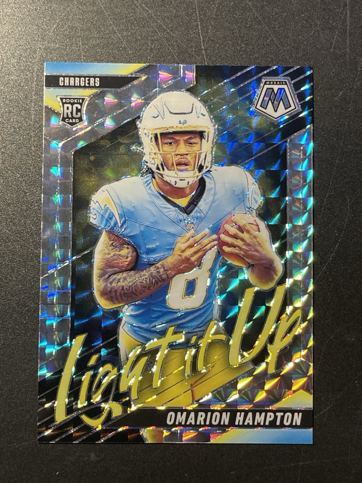 2025 Panini Mosaic Omarion Hampton Light It Up Rookie Silver Mosaic Prizm RC