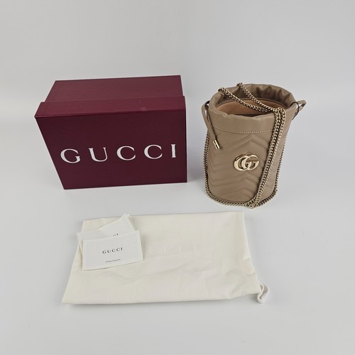 GUCCI GG Marmont Small $1350 Taupe Leather Bucket Bag New & Authentic