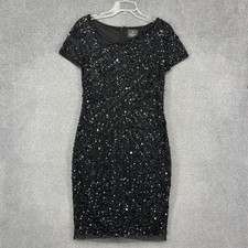 Adrianna Papell Beaded Sequin Dress Womens 10 Black Asymmetrical Cocktail Formal