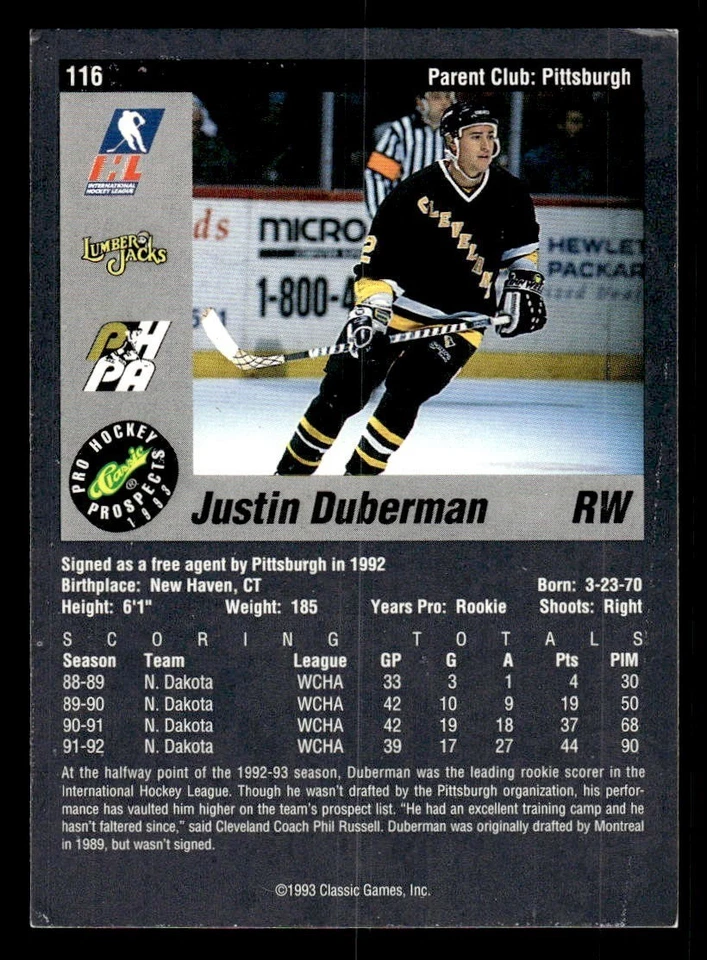 1993 Classic Prospects Hockey #116 Justin Duberman Signed Auto (no COA) *d2 - Image 2 of 2
