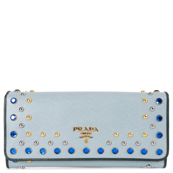 72994 authentische PRADA hellblau Saffiano Vernic Leder Kristall Geldbörse M1132
