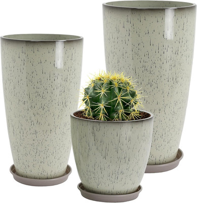 Large Lightweight Plastic Planters Set with Drain Holes - Glaze Beige