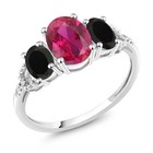 10K White Gold Created Ruby Onyx & Diamond Accent Three-Stone Engagement Ring |