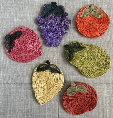 6 Vintage Straw Woven Drink Coasters Fruit Shaped - Grapes, Lemon, Pear, Tomato