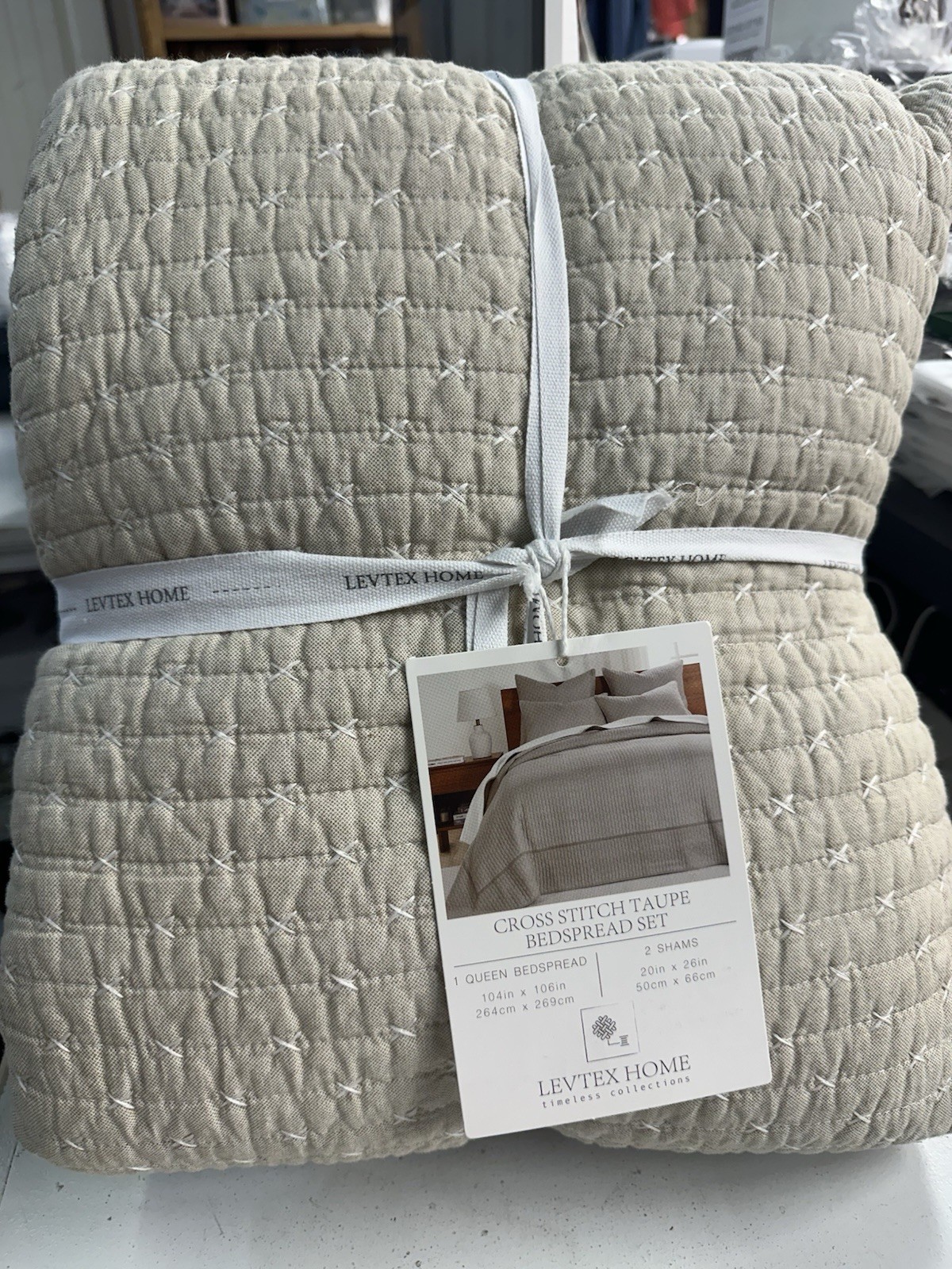 LevTex Home Cross Stitch Taupe Bedspread Set - 3 PC Queen Set