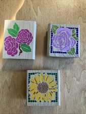 Rubber Stampede Set Of 3 Wooden Rubber Stamps-Rose, Carnation, Sunflower