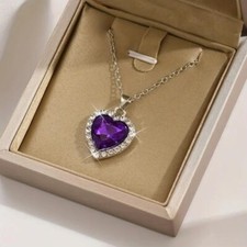 Women Purple Heart Pendant Necklace Elegant Rhinestone Crystal Party Jewelry New