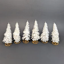 Vintage Plastic Tree White (6) Christmas 5.5" Hong Kong Gold Base Glitter Silver