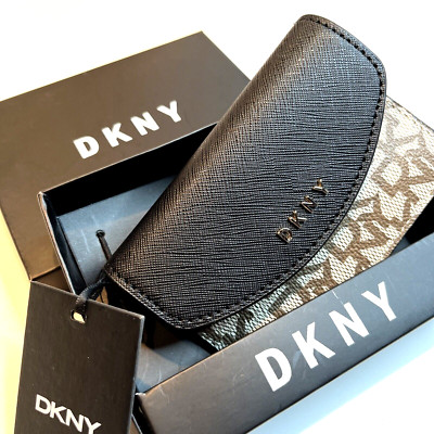 NWT DKNY Boxed Flap Card Case Wallet Signature Logo Black Brown Slim Clasp