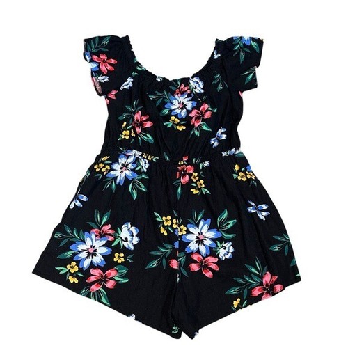 Old Navy Womens XL Short Sleeve Off the Shoulder Romper Black Floral Linen Blend - Picture 2 of 6