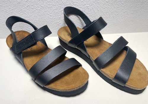 Naot Kayla Matte Black Leather Ankle Strap Low Wedge Sandals Womens 38 EU/US 7.5
