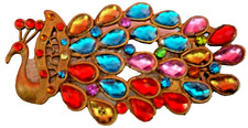 Vintage Solid Brass Peacock Hair Clip Multi-Color Stones Spring Loaded 3 1/2" L