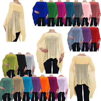 Damen Poncho Einheitsgröße Häkelspitze Fischnetz Fledermaus