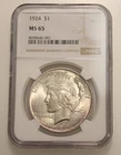 1924-P $1 PEACE SILVER DOLLAR NGC MS65