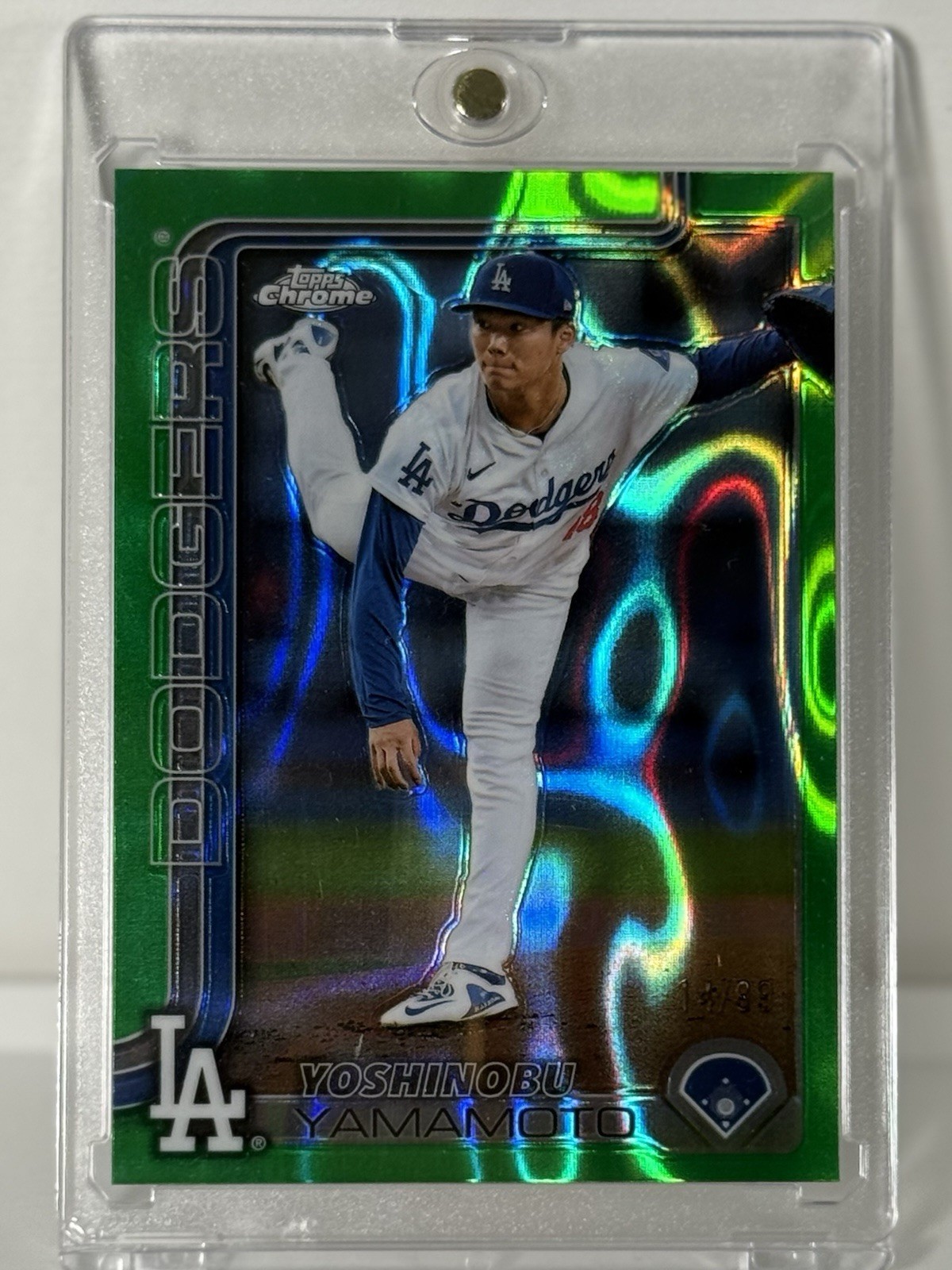 Yoshinobu Yamamoto 2025 Topps Chrome 14/99 Green Lava Refractor Dodgers #179